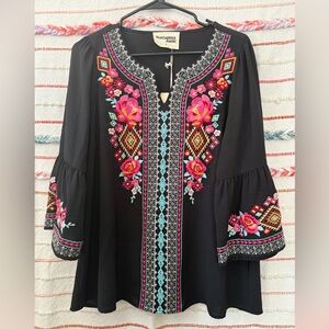 Savanna Jane Black Top with Vibrant Embroidery - Size Small